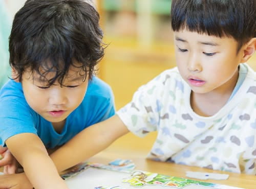 2人の男の子が机に向かって協力して絵本や教材を見ている様子